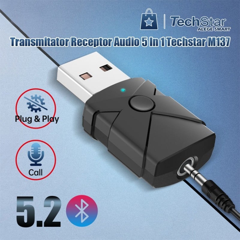 Transmitator receptor audio 5 in 1 Techstar® M137, Bluetooth 5.2, Port USB, AUX 3.5 mm, Compatibil Home TV sau Auto, Negru - 2 | YEO