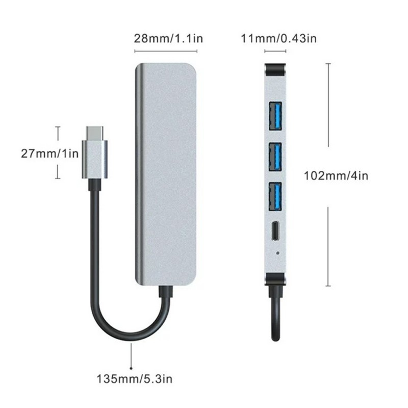 Adaptor Hub Multifunctional 5 In 1 Techstar® ZFZ5IN1B, USB-C, 1 X USB 3.0, 3 X USB 2.0, PD Port, Compatibil PC, Memorie USB, HDD Extern, Argintiu - 2 | YEO