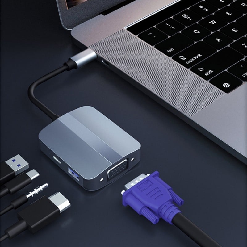 Adaptor multifunctional 5 in 1 USB-C la HDMI Techstar® CYC5IN1A, HDMI 4K, VGA 1080P, 1 x USB 3.0, AUX 3.5 mm, PD Port, Gri - 2 | YEO