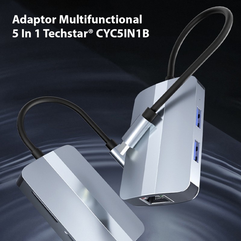 Adaptor multifunctional 5 in 1 USB-C la USB Techstar® CYC5IN1B, 1 x USB 3.0, 1 X USB 2.0, LAN RJ45 Ethernet, Cititor De Carduri SD/TF, Gri - 2 | YEO