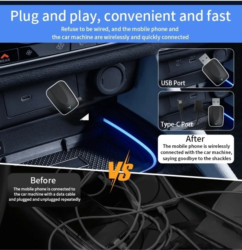 Adaptor Wireless 2-in-1 Apple CarPlay & Android Auto Techstar® M17 – USB/USB-C (Adaptor inclus), Wi-Fi 5.8GHz + Bluetooth, Plug & Play, Mini Compact - imagine 4