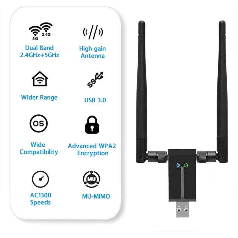 Adaptor Wireless Techstar® AC 1200 Dual-Band, 1200Mbps, USB 3.0, 2.4G/5G, Long Range, 2 Antene, Negru - 1 | YEO