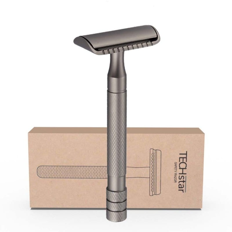 Aparat de ras Classic Safety Razor Techstar® SR2, Aliaj de Zinc, Cu Lame De Rezerva, Reutilizabil, Ecologic, Negru Metal - 1 | YEO