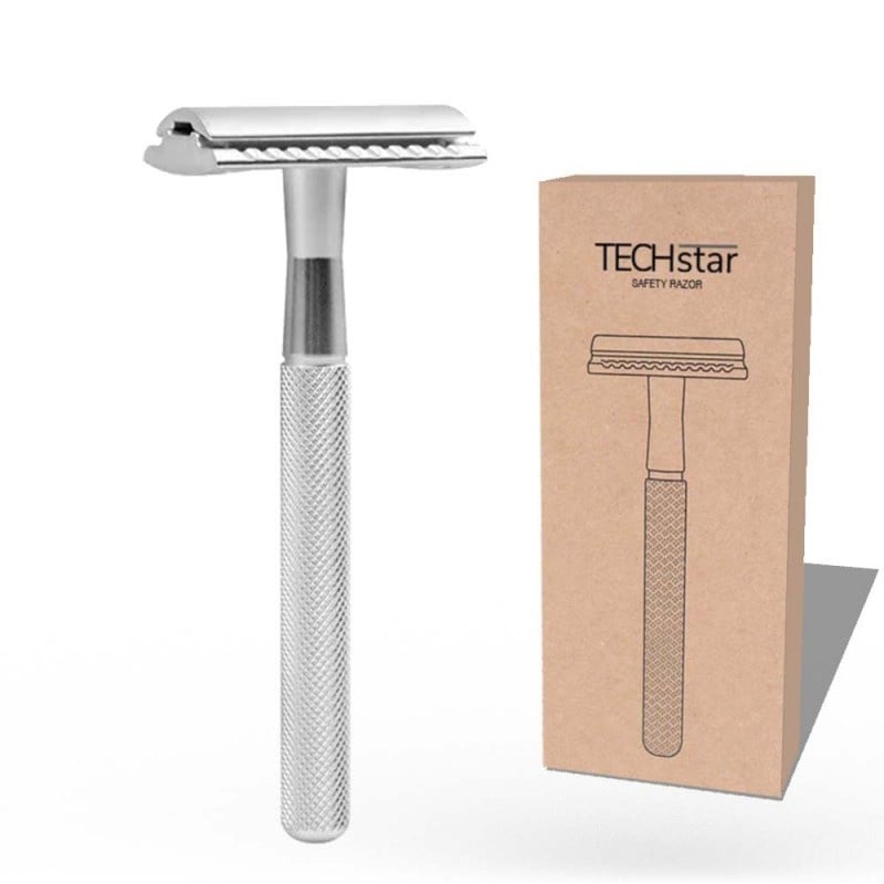 Aparat de ras Classic Safety Razor Techstar® SR3, Aliaj de Zinc, Cu Lame De Rezerva, Reutilizabil, Ecologic, Argintiu - 2 | YEO