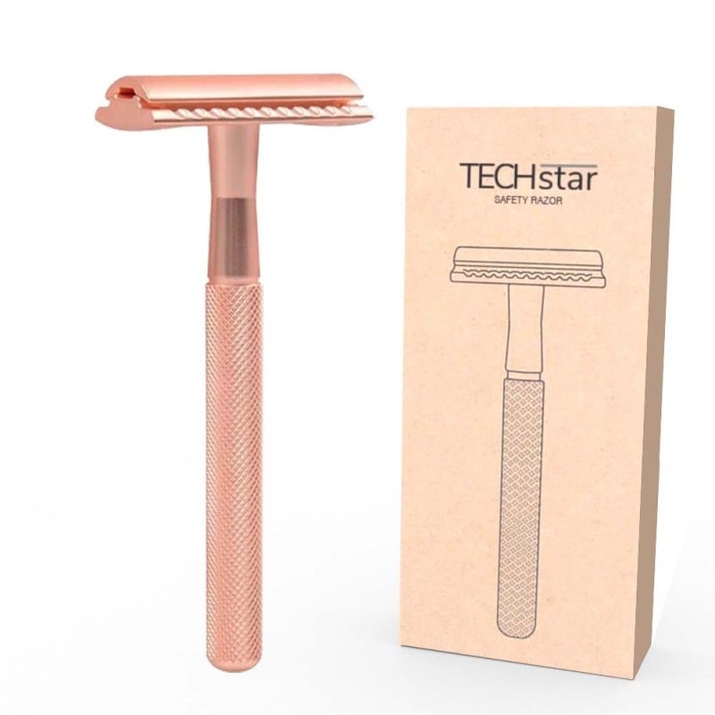 Aparat de ras Classic Safety Razor Techstar® SR3, Aliaj de Zinc, Cu Lame De Rezerva, Reutilizabil, Ecologic, Rose Gold - 3 | YEO