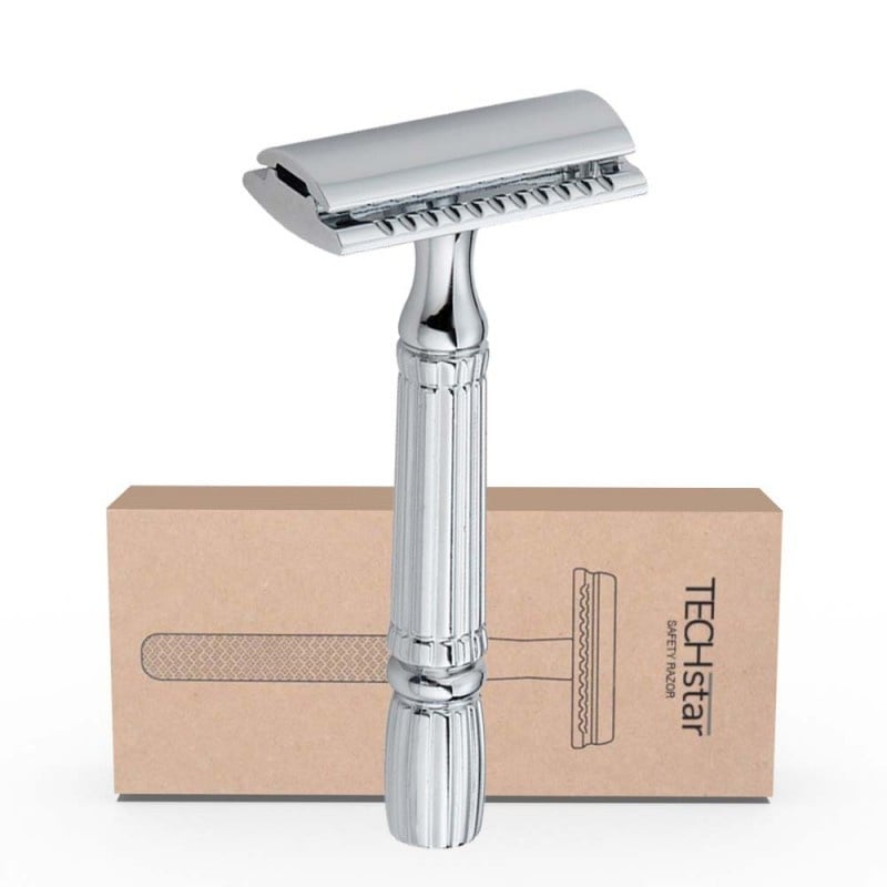 Aparat de ras Classic Safety Razor Techstar® SR8, Aliaj de Zinc, Cu Lame De Rezerva, Reutilizabil, Ecologic, Argintiu - 1 | YEO