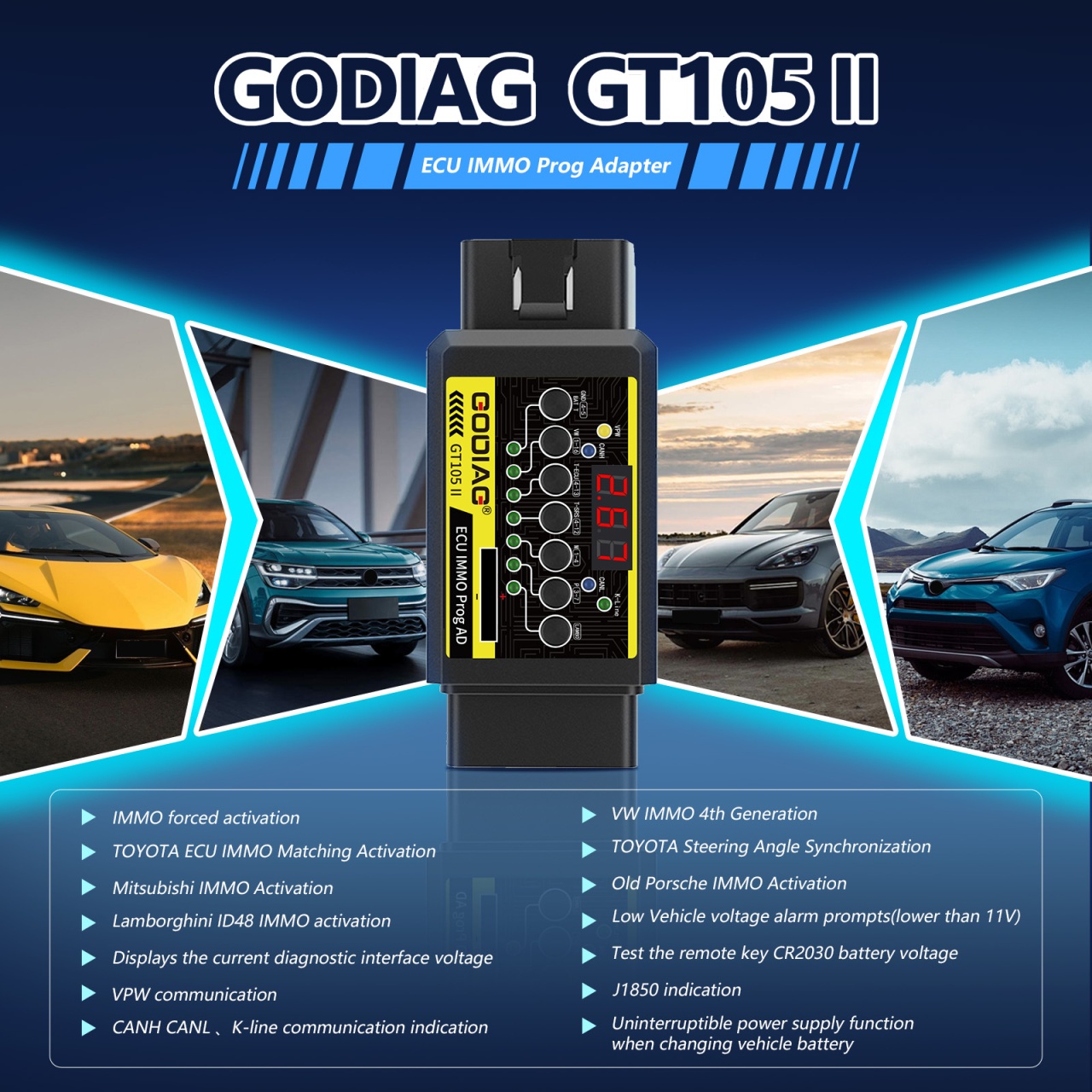 Break Out Box OBD2 GODIAG GT105 II, Adaptor IMMO si ECU, Test CR2032, Alarma Tensiune Scazuta, Programare si Diagnoza Auto, Afisaj Tensiune, Test Baterie, VPW/CAN/K-Line - imagine 8