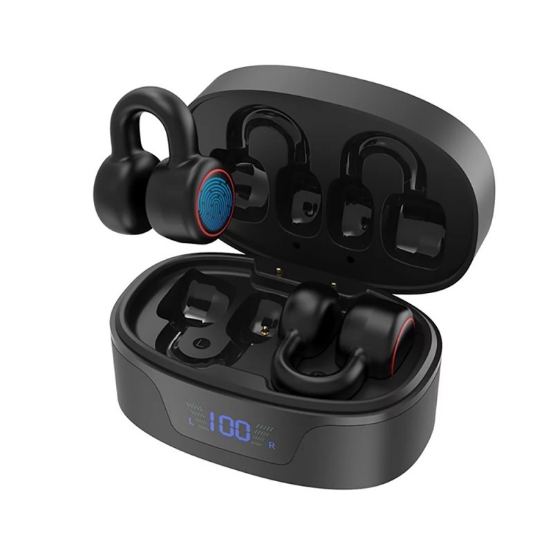 Casti Bluetooth cu clips Techstar® K24, Bluetooth 5.3, Microfon, Control prin atingere, Afisaj LED, 300 mAh, potrivite pentru jocuri/sport/conversatii, Carcasa Magnetica, Negru