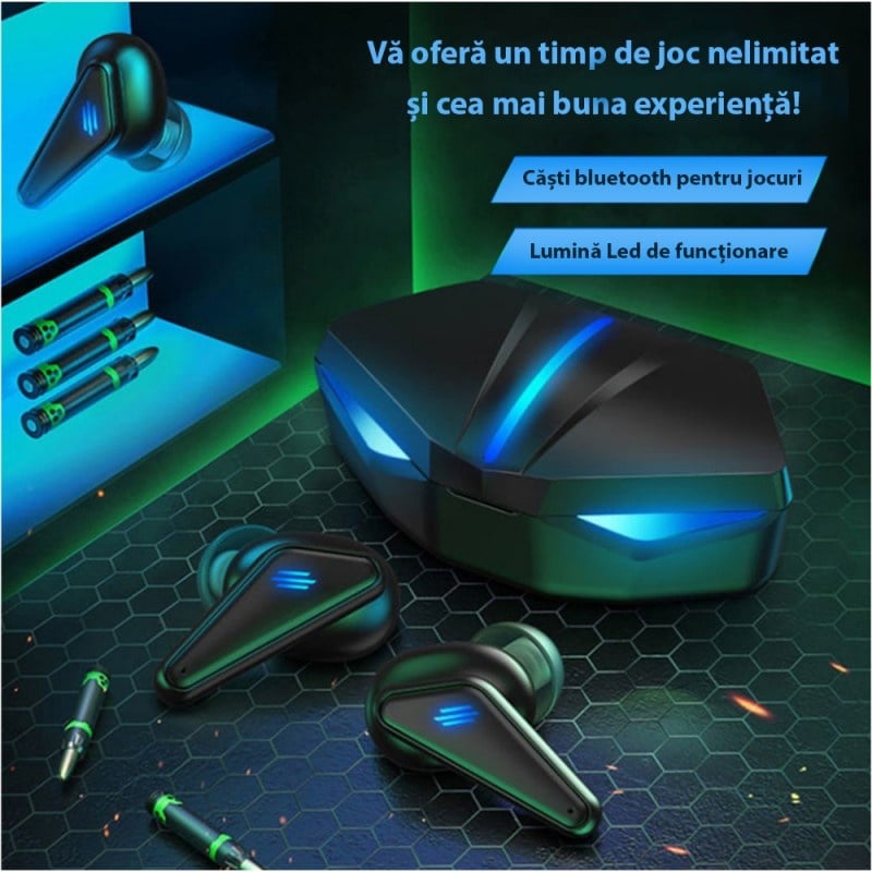 Casti Bluetooth pentru Gaming Techstar® K55, Bluetooth 5.0, Microfon, Control prin atingere, Indicator LED, Rezistente la apa, potrivite pentru jocuri video/fitness/birou, Carcasa Magnetica, Negru - 3 | YEO