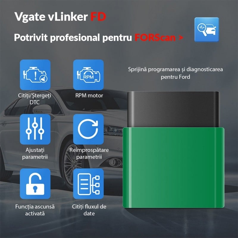Diagnoza Auto OBD2 Vgate VLinker FD Bluetooth, dedicata Ford-Mazda, Compatibil Android si Windows PC, FORScan, Resetari, ELM 327, Verde/Negru - 3 | YEO