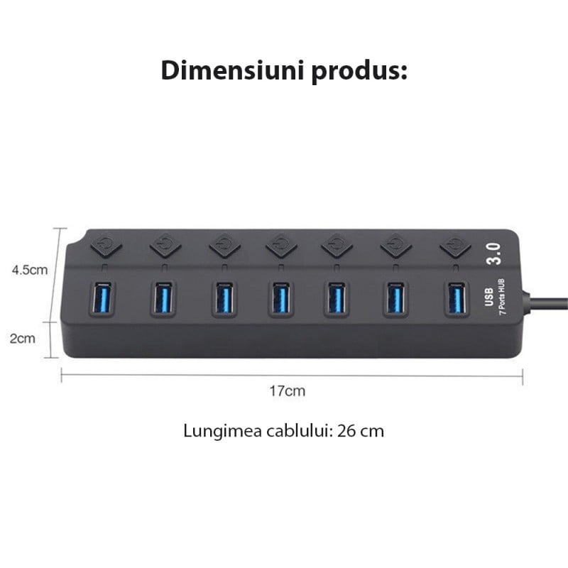 Hub USB cu 7 porturi Techstar® HUBA2402, 1 x USB 3.0, 6 x USB 2.0, indicator LED pentru putere, comutator independent, Negru - 2 | YEO