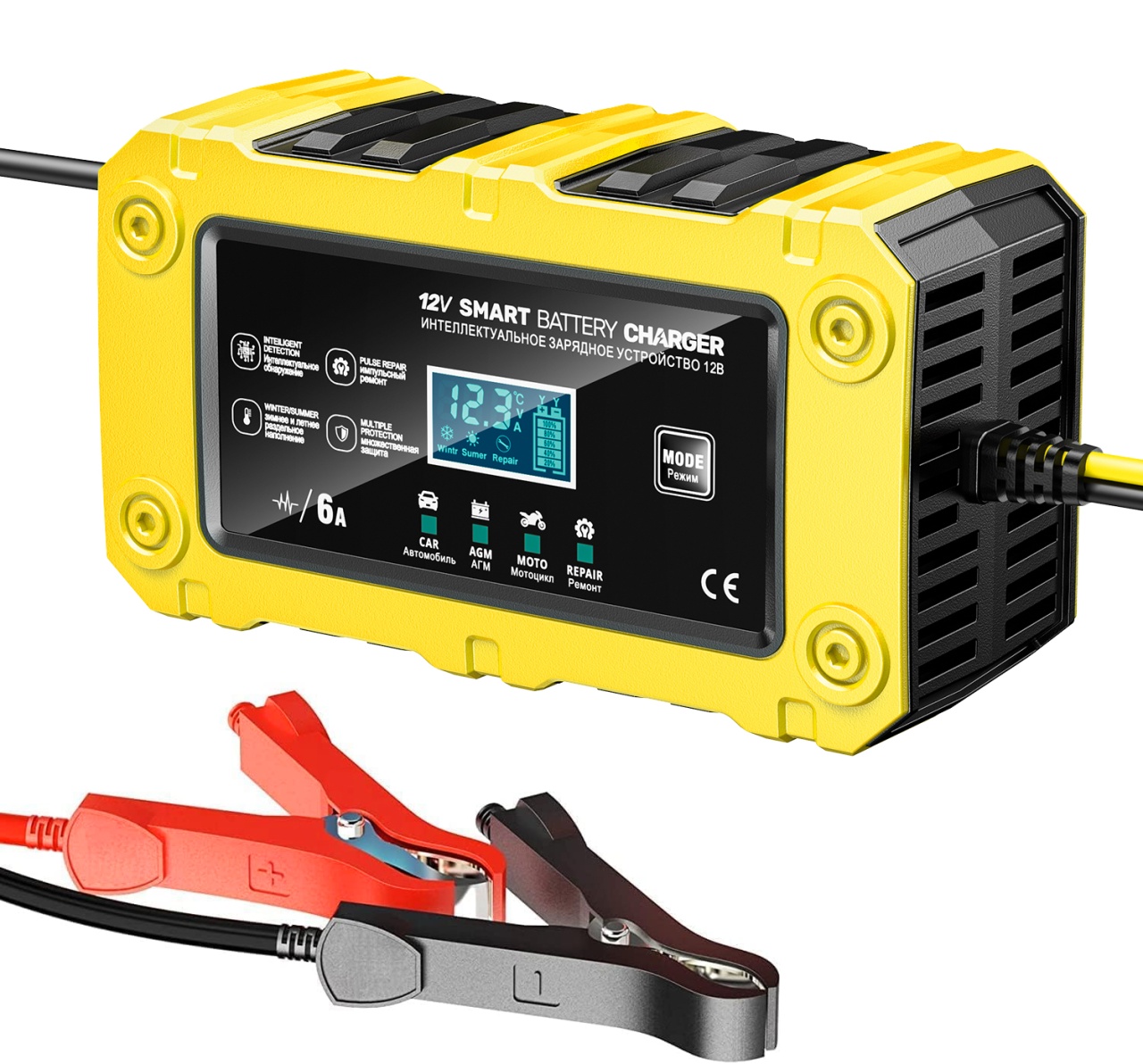 Incarcator Inteligent Baterie Auto/Moto Techstar 12V 6A BC-1206, LCD, Repair, AGM/GEL/WET/EFB/LiFePO4 Galben - imagine 13