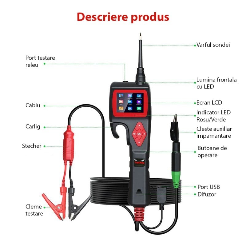 Instrument de diagnosticare inteligent pentru circuite electrice TopDiag P200, 12-24V, 18A, Afisaj LCD, pentru auto, moto, camion, barci, Negru/Rosu - 3 | YEO