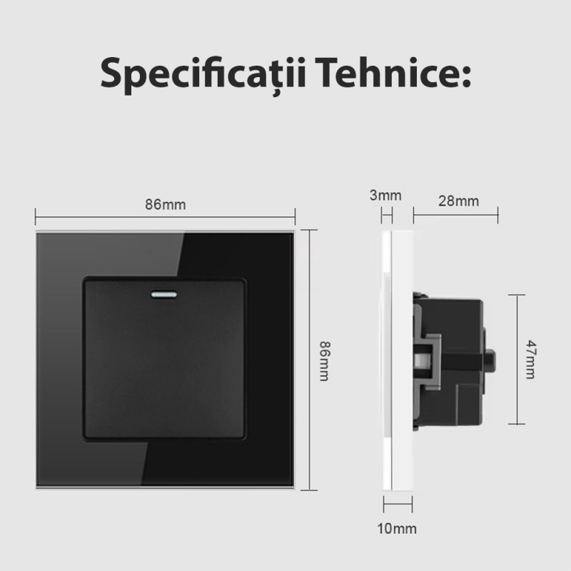 Intrerupator Cap Scara Cu Panou din Sticla Securizata Techstar® TGS 01, 220V, 16A, 86 x 86 mm, Negru, cu 1 Modul - 1 | YEO