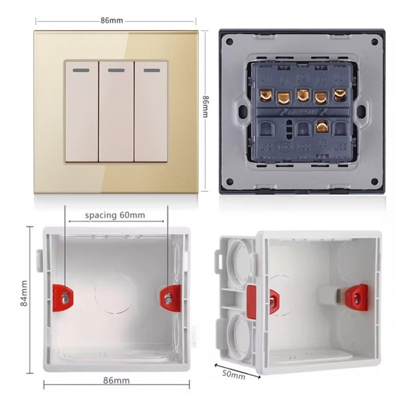 Intrerupator Triplu Cap Scara Cu Panou Din Sticla Securizata Techstar® TGS 01, 220V, 16A, 86 X 86 Mm, Gri, cu 3 Faze - 2 | YEO