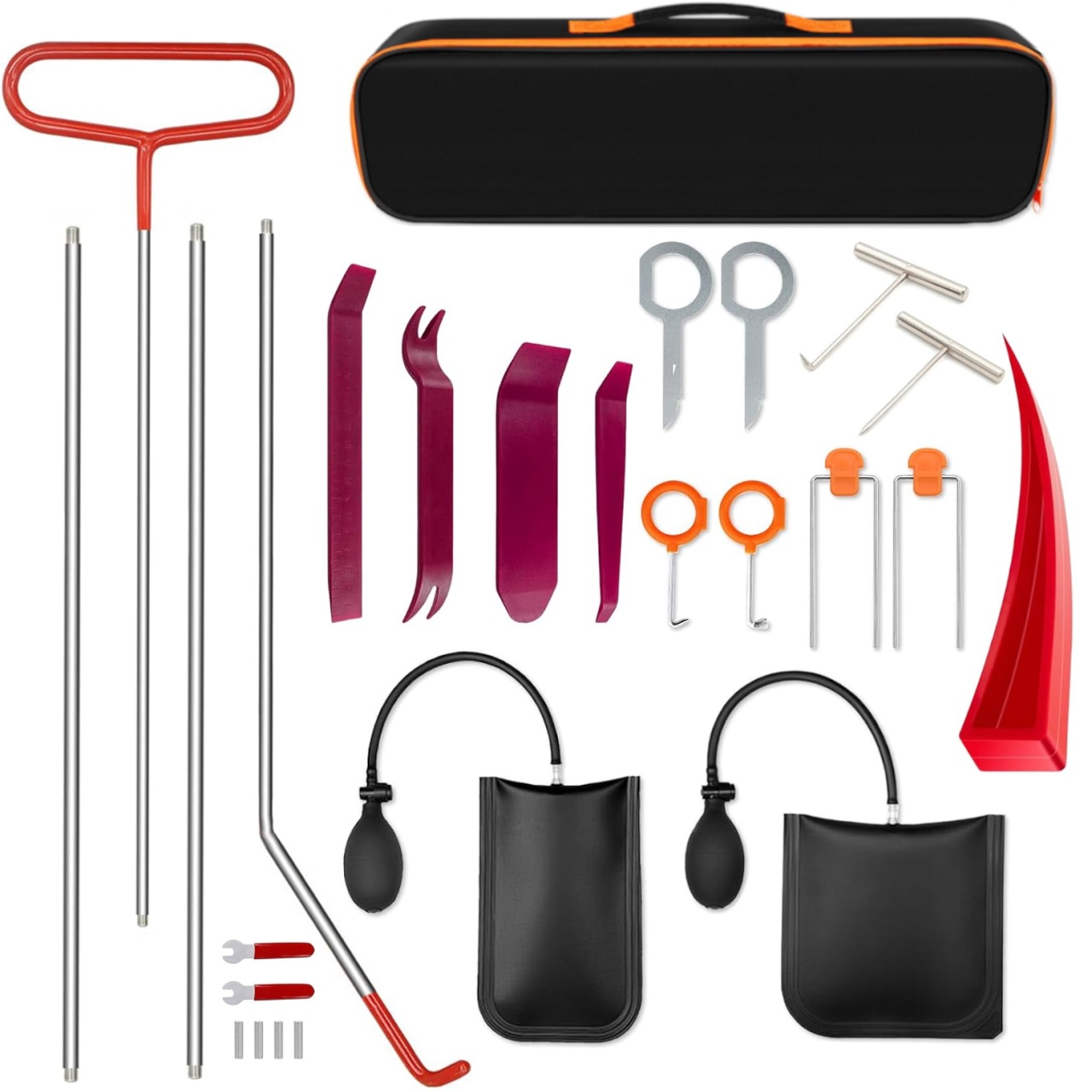 Kit profesional deschidere usi auto 170 cm – 26 piese cu tija inox, 2 perne pneumatice, unelte demontare panouri si extragere radio – set cu geanta