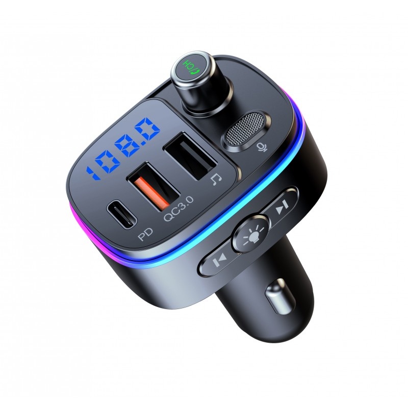 Modulator FM Techstar® T65, Bluetooth 5.0, Voltaj Baterie, USB, QC 3.0 + 18W PD Type C, MicroSD, RGB - 3 | YEO