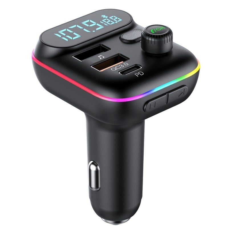 Modulator FM Techstar® T70, Bluetooth 5.0, Voltaj Baterie, USB, QC 3.0 + 18W PD Type C, MicroSD, RGB - 1 | YEO