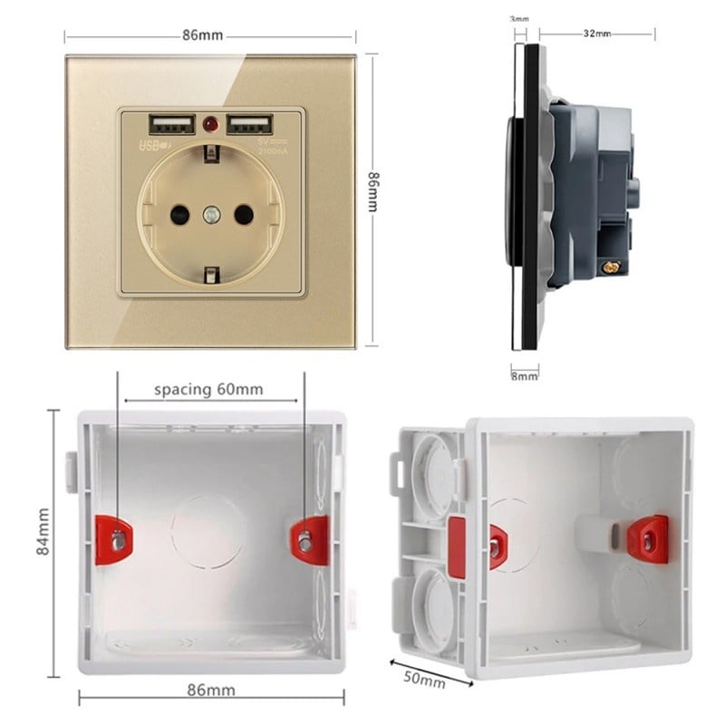 Priza de Perete cu 2 Porturi USB si Rama din Sticla Techstar® TS-GL, 110-250V, 16A, Ignifuga, 86x86mm, Auriu - 2 | YEO