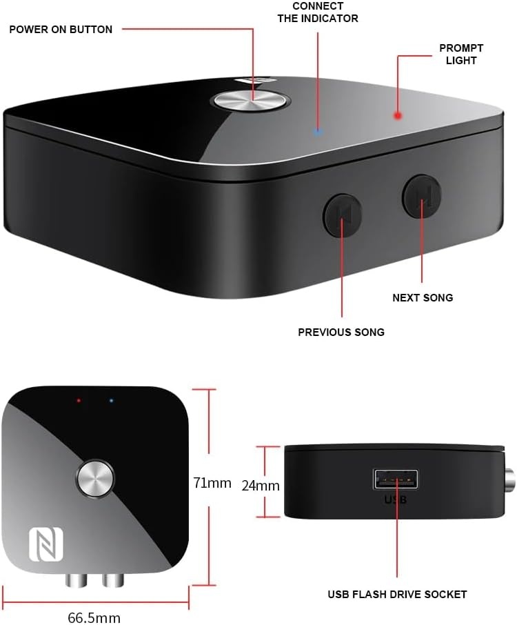 Receptor Receiver Audio Bluetooth Techstar T68, BT 5.3, NFC, RCA L/R + AUX 3.5mm, USB U-Disk, Telecomanda IR, HiFi, 10m, Negru - imagine 2
