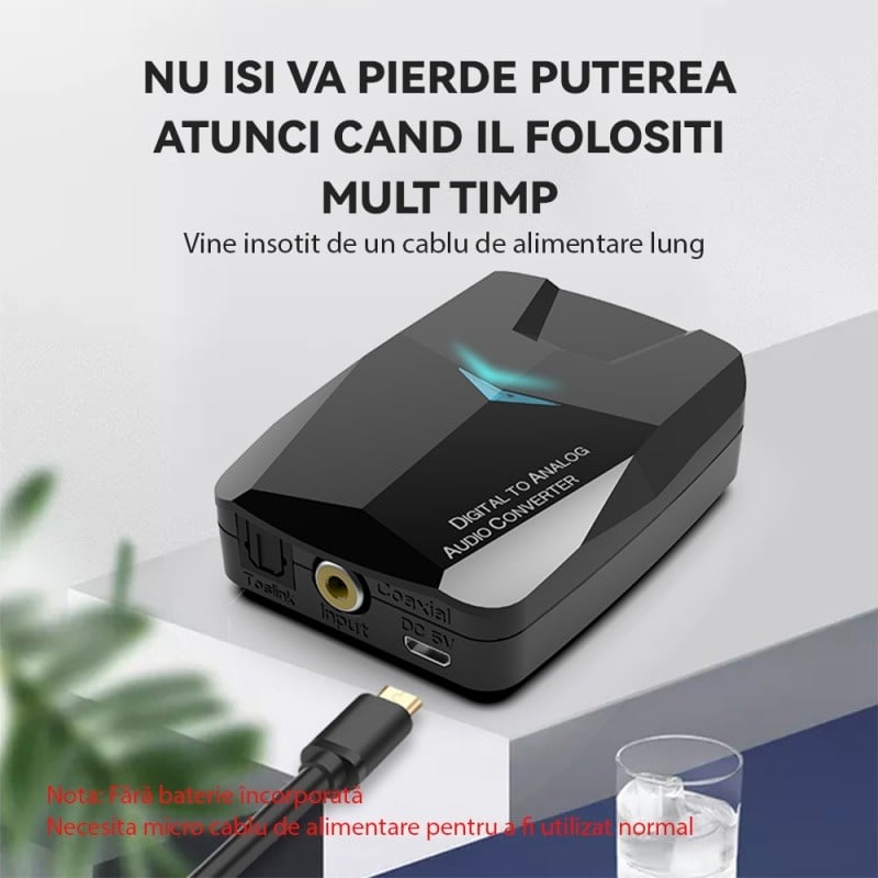 Resigilat Convertor Audio Digital la Analog Techstar® M24, Compatibil Bluetooth 5.0, Cablu audio optic la RCA, Negru - 1 | YEO