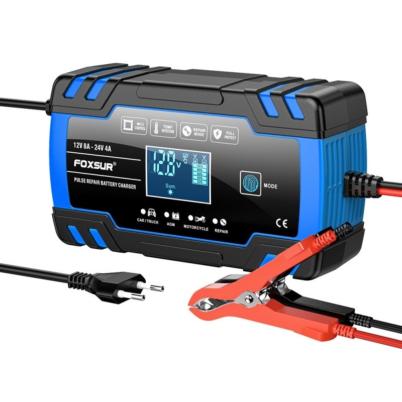 Resigilat Incarcator Baterie Auto Cu Microprocesor Foxsur B0228-L, 12/24V, 4/8A, Display LCD, Functie De Reparare Cu Puls, 170x98x58mm, Albastru - imagine 2