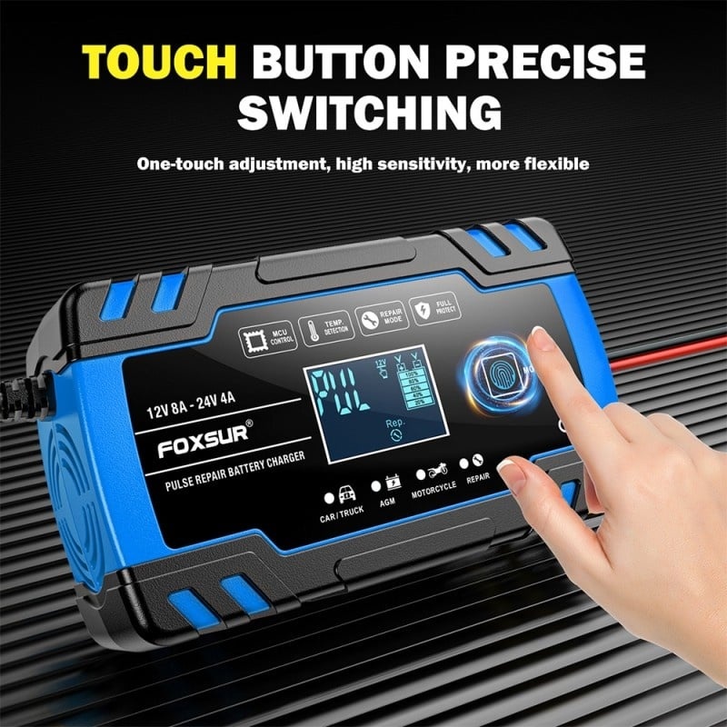 Resigilat Incarcator Baterie Auto Cu Microprocesor Foxsur B0228-L, 12/24V, 4/8A, Display LCD, Functie De Reparare Cu Puls, 170x98x58mm, Albastru - imagine 12