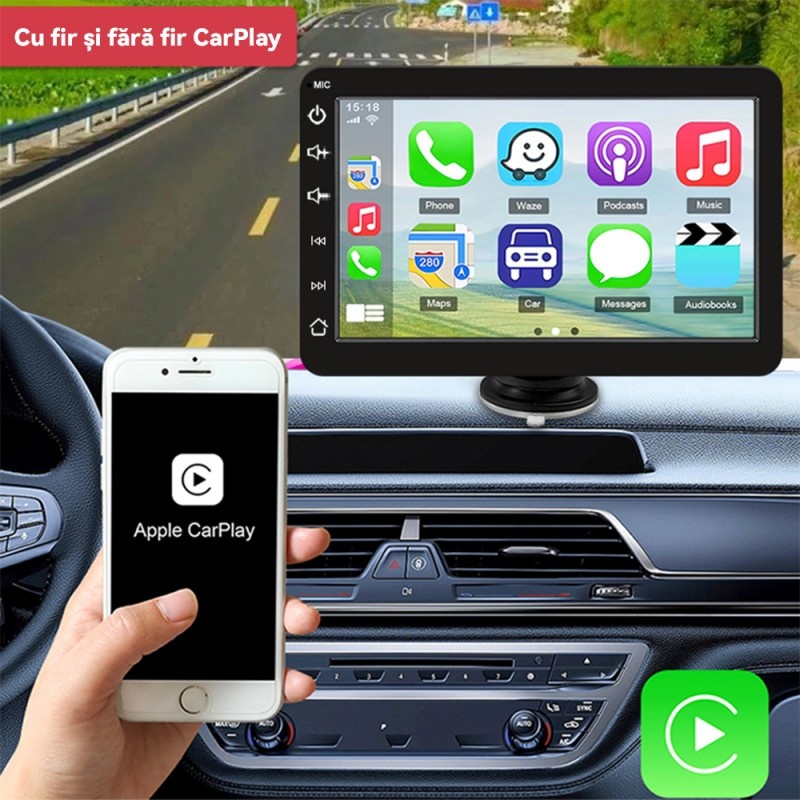 Poze Sistem Multimedia Techstar® Apple Carplay/Android 7095P, Ecran Tactil, 7 Inch 1080P Full HD, Bluetooth, Mirror Link/Card TF/USB/AUX, Negru
