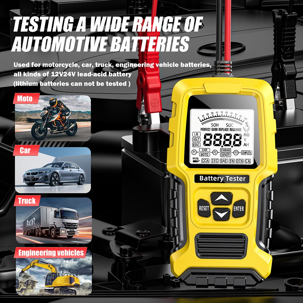 Tester Inteligent de Baterii Foxsur FBT-300, 12V/24V, pentru Auto și Motociclete, cu Ecran LCD 2.7