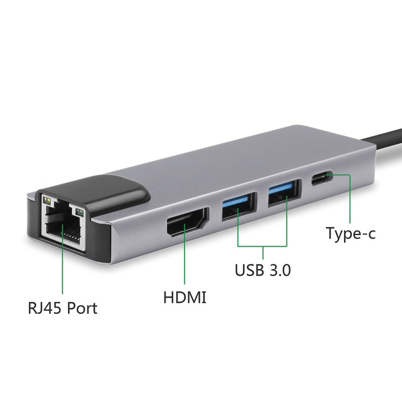 Adaptor Hub multifunctional 5 in 1 Techstar® DJ5IN1, HDMI 4K, USB-C, 1 x USB 3.0, 1 x USB 2.0, LAN RJ45 Ethernet, Aliaj de Aluminiu, Argintiu - 2 | YEO