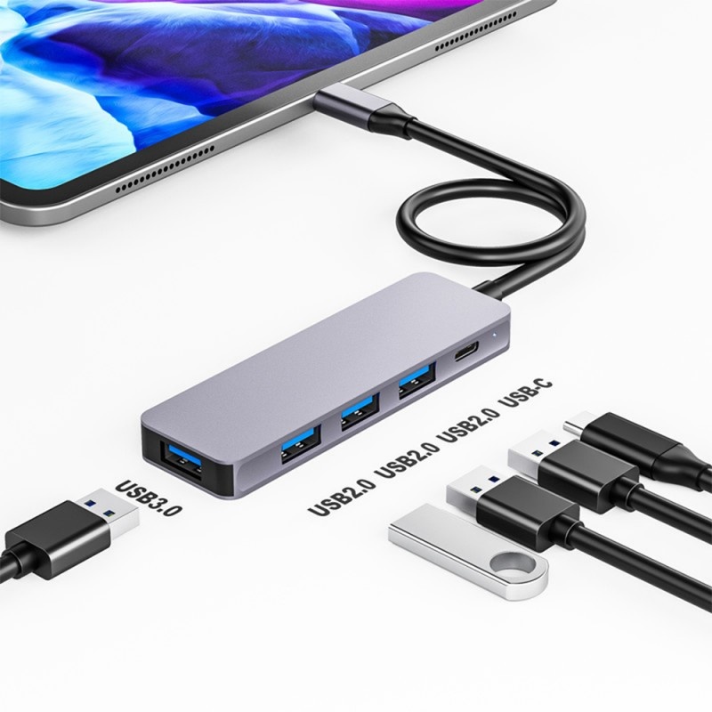 Adaptor Hub Multifunctional 5 In 1 Techstar® ZFZ5IN1B, USB-C, 1 X USB 3.0, 3 X USB 2.0, PD Port, Compatibil PC, Memorie USB, HDD Extern, Argintiu - 3 | YEO