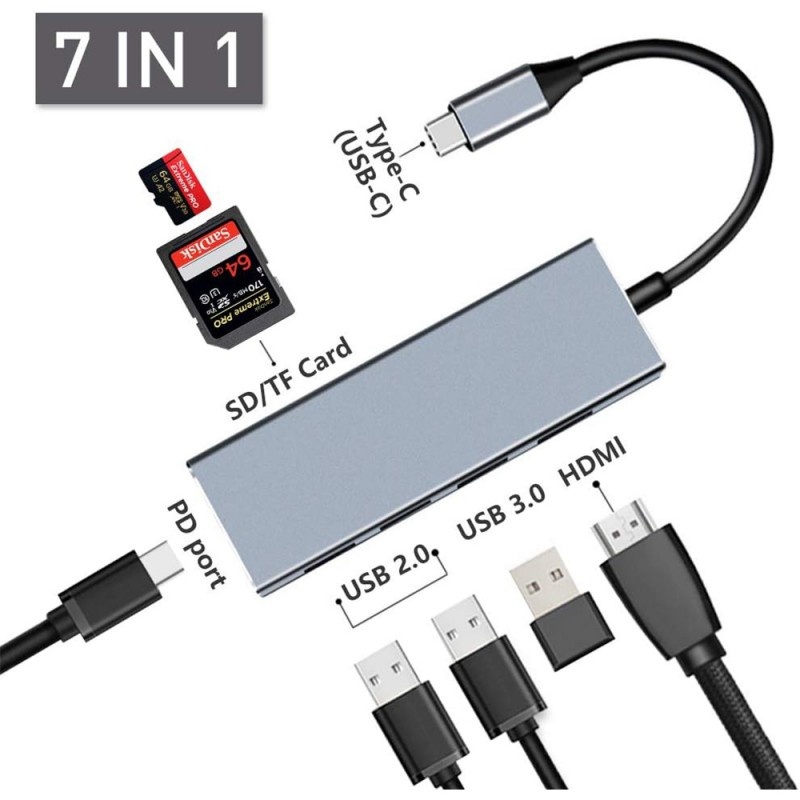 Adaptor Hub Multifunctional 7 In 1 Techstar® ZFZ7IN1, HDMI 4K, USB-C, 1 X USB 3.0, 2 X USB 2.0, Cititor de carduri SD/TF, PD Port, Argintiu - 1 | YEO