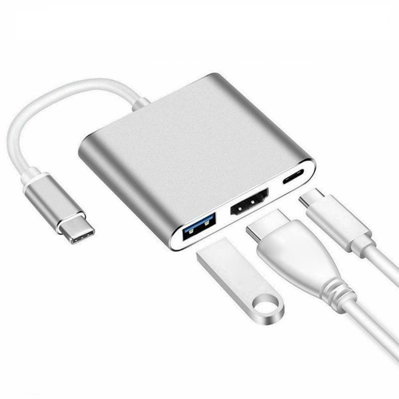 Adaptor multifunctional 3 in 1 USB-C la HDMI Techstar® ZFZ3IN1, HDMI 4K, 1 x USB 3.0, PD Port, Compatibil HD TV, Monitor, Videoproiector, Argintiu