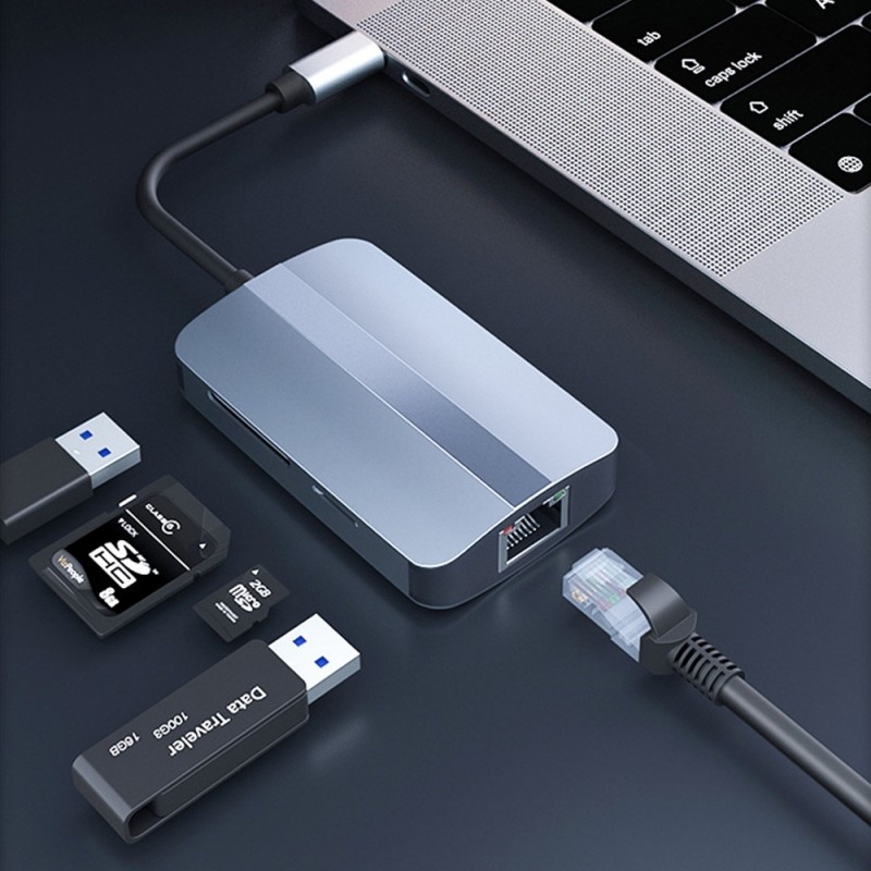 Adaptor multifunctional 5 in 1 USB-C la USB Techstar® CYC5IN1B, 1 x USB 3.0, 1 X USB 2.0, LAN RJ45 Ethernet, Cititor De Carduri SD/TF, Gri - 3 | YEO