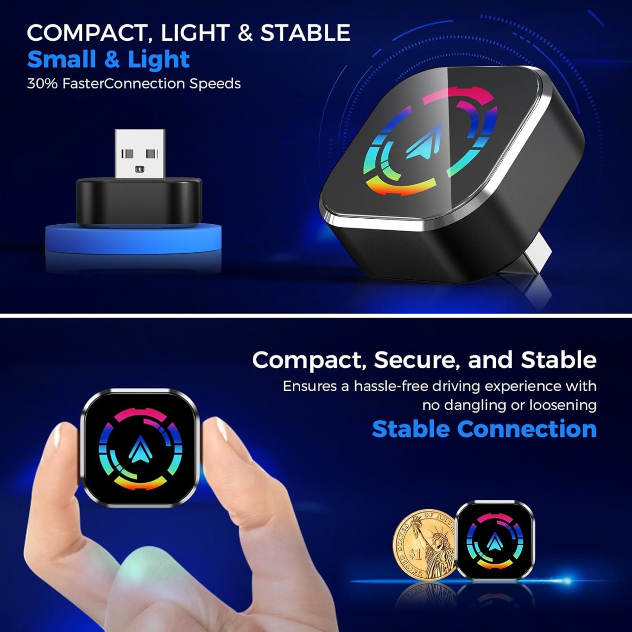 Adaptor Wireless Apple CarPlay & Android Auto 2-in-1 Techstar M17+, USB/USBC Plug & Play, Wi-Fi 5.8GHz + Bluetooth, Mini Compact, Conectare Automata, Sticla LED - imagine 4