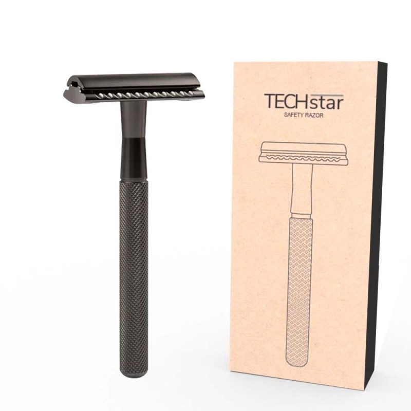 Aparat de ras Classic Safety Razor Techstar® SR1, Aliaj de Zinc, Cu Lame De Rezerva, Reutilizabil, Ecologic, Negru - 3 | YEO