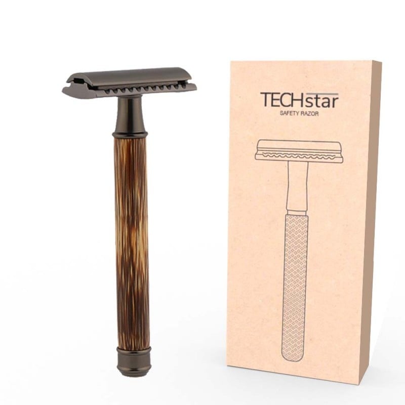 Aparat de ras Classic Safety Razor Techstar® SR11, Aliaj de Zinc, Cu Lame De Rezerva, Reutilizabil, Ecologic, Maner Bambus, Negru - 1 | YEO