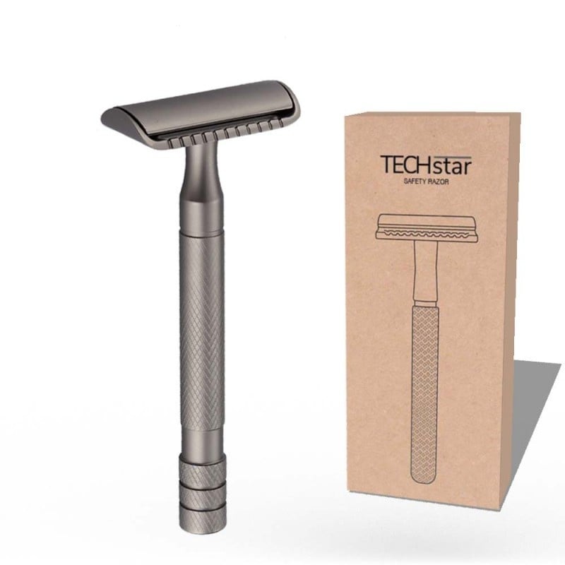 Aparat de ras Classic Safety Razor Techstar® SR2, Aliaj de Zinc, Cu Lame De Rezerva, Reutilizabil, Ecologic, Negru Metal - 2 | YEO