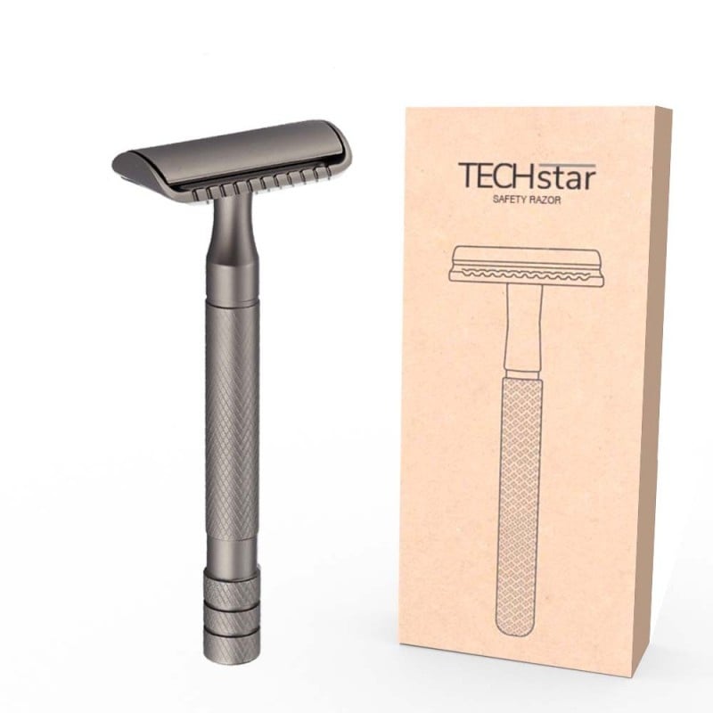 Aparat de ras Classic Safety Razor Techstar® SR2, Aliaj de Zinc, Cu Lame De Rezerva, Reutilizabil, Ecologic, Negru Metal - 3 | YEO