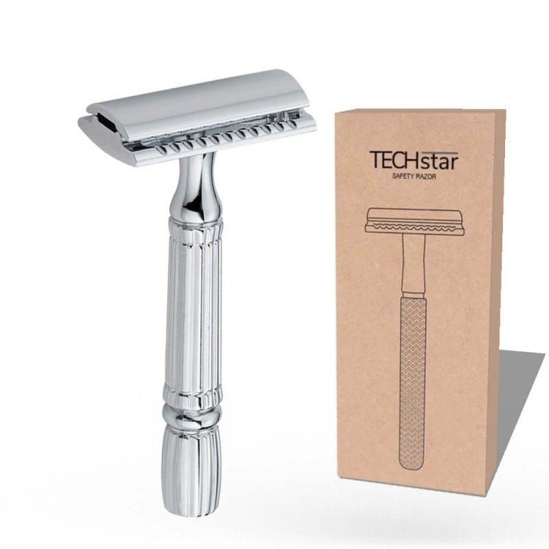 Aparat de ras Classic Safety Razor Techstar® SR8, Aliaj de Zinc, Cu Lame De Rezerva, Reutilizabil, Ecologic, Argintiu - 2 | YEO