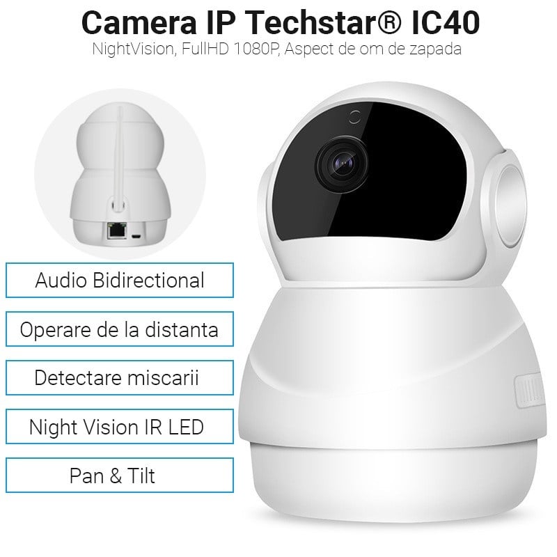 Camera Supraveghere IP Techstar® IC40, Hotspot Wireless, Night Vision, IR-CUT, Detectare Miscare, Salvare Inregistrari pe MicroSD Card sau Cloud, Rotire Orizontal si Vertical, Conexiune Hotspot Wireless, FullHD 1080P 2MP - 1 | YEO