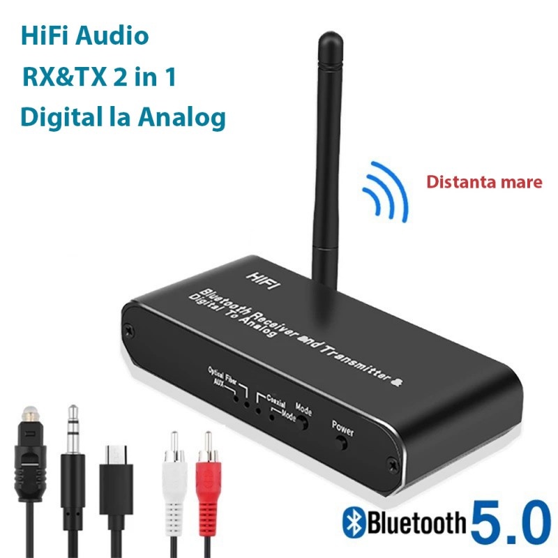 Convertor Audio Digital la Analog Techstar® OT15, Compatibil Bluetooth 5.0, DC 5V, AUX 3.5 mm, Cablu audio optic, RCA, Negru - 1 | YEO