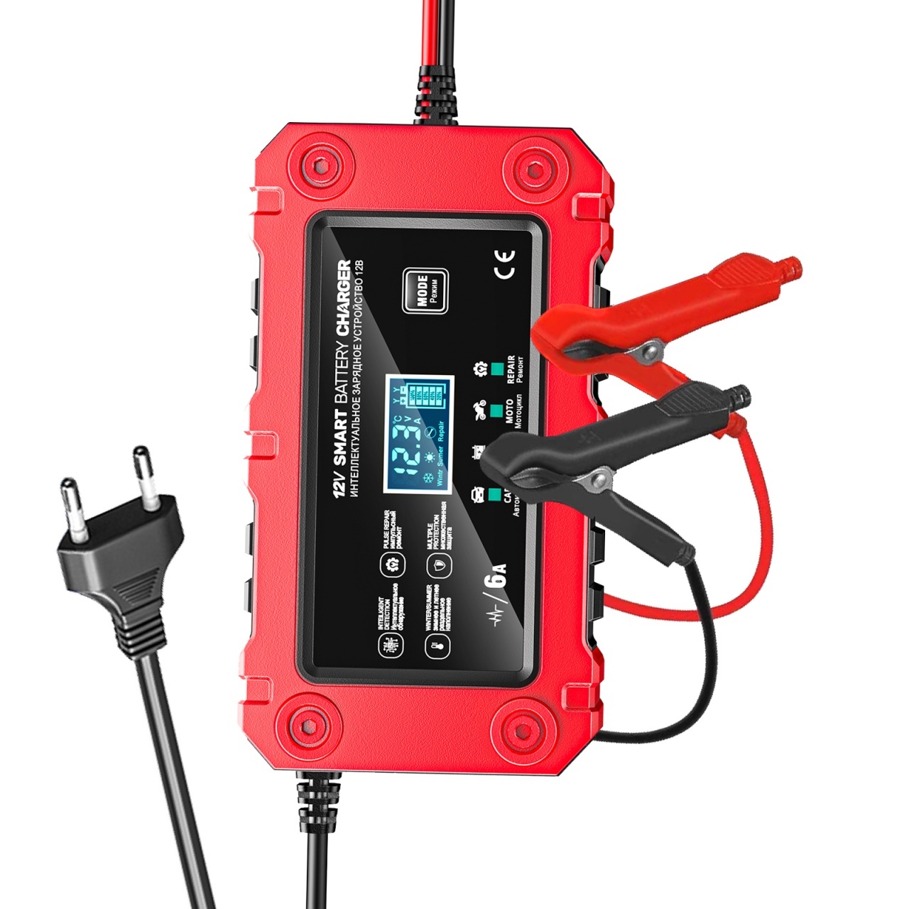 Incarcator Inteligent Baterie Auto/Moto Techstar 12V 6A BC-1206, LCD, Repair, AGM/GEL/WET/EFB/LiFePO4 Rosu - imagine 14