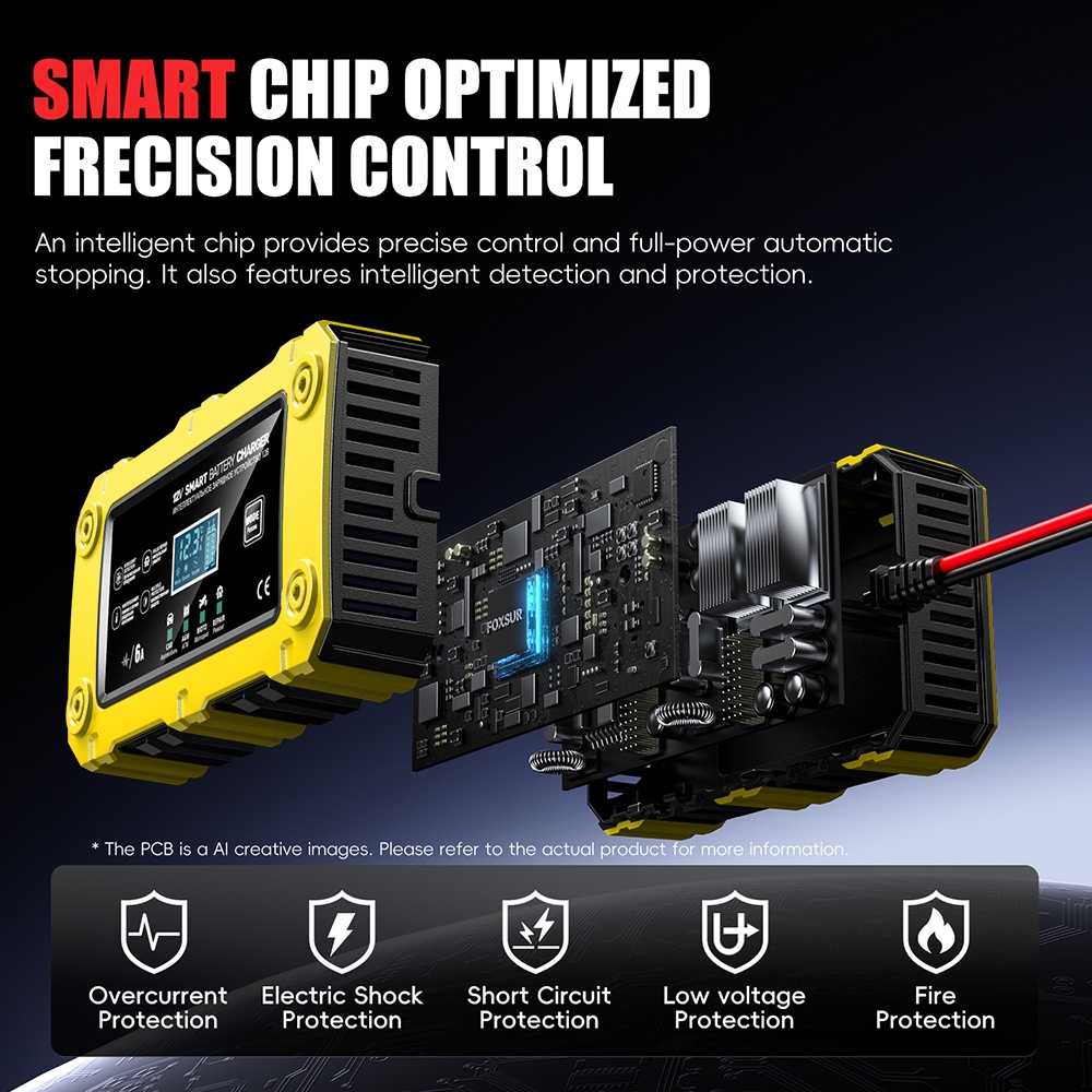 Incarcator Inteligent Baterie Auto/Moto Techstar 12V 6A BC-1206, LCD, Repair, AGM/GEL/WET/EFB/LiFePO4 Galben - imagine 10