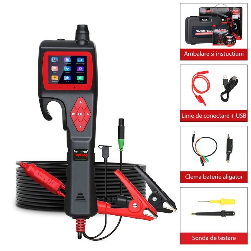 Poze Instrument de diagnosticare inteligent pentru circuite electrice TopDiag P200, 12-24V, 18A, Afisaj LCD, pentru auto, moto, camion, barci, Negru/Rosu