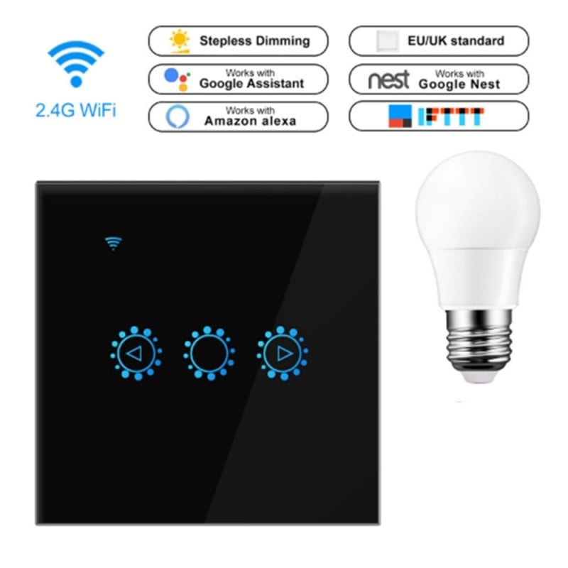 Intrerupator Smart Touch Techstar®, Wireless 2.4GHz, Dimmer, Sticla Securizata, Design Modern, Iluminare LED, 1 Faza, cu NUL, Negru - 1 | YEO