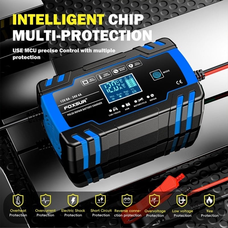 Resigilat Incarcator Baterie Auto Cu Microprocesor Foxsur B0228-L, 12/24V, 4/8A, Display LCD, Functie De Reparare Cu Puls, 170x98x58mm, Albastru - imagine 9