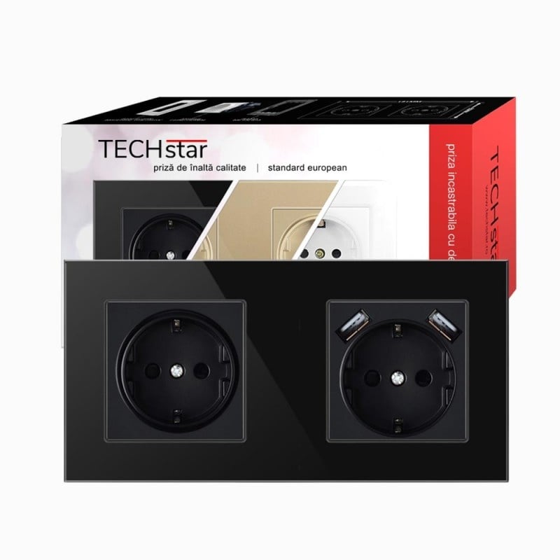 Resigilat Priza Techstar® Crystal TSU2, Dubla, 2 x USB, 2.1 A, Culoare Negru Onyx, Sticla Securizata, 16A - 2 | YEO