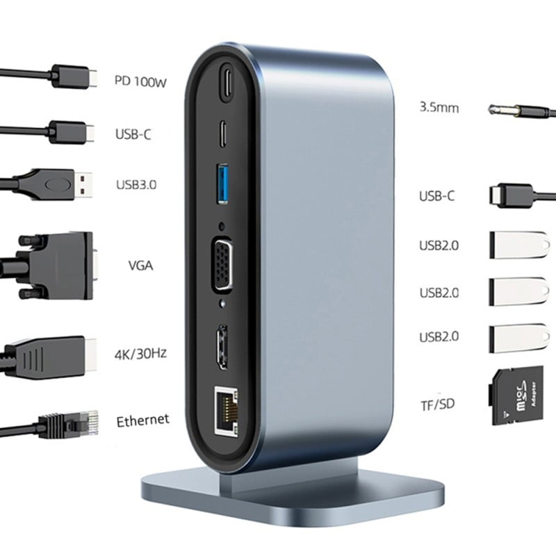 Statie de andocare multifunctionala 12 in 1 Techstar® CYC12IN1B, HDMI 4K, 1 x USB 3.0, 3 X USB 2.0, LAN RJ45 Ethernet, SD/TF, VGA 1080P, AUX 3.5 mm, PD Port, Argintiu - 1 | YEO