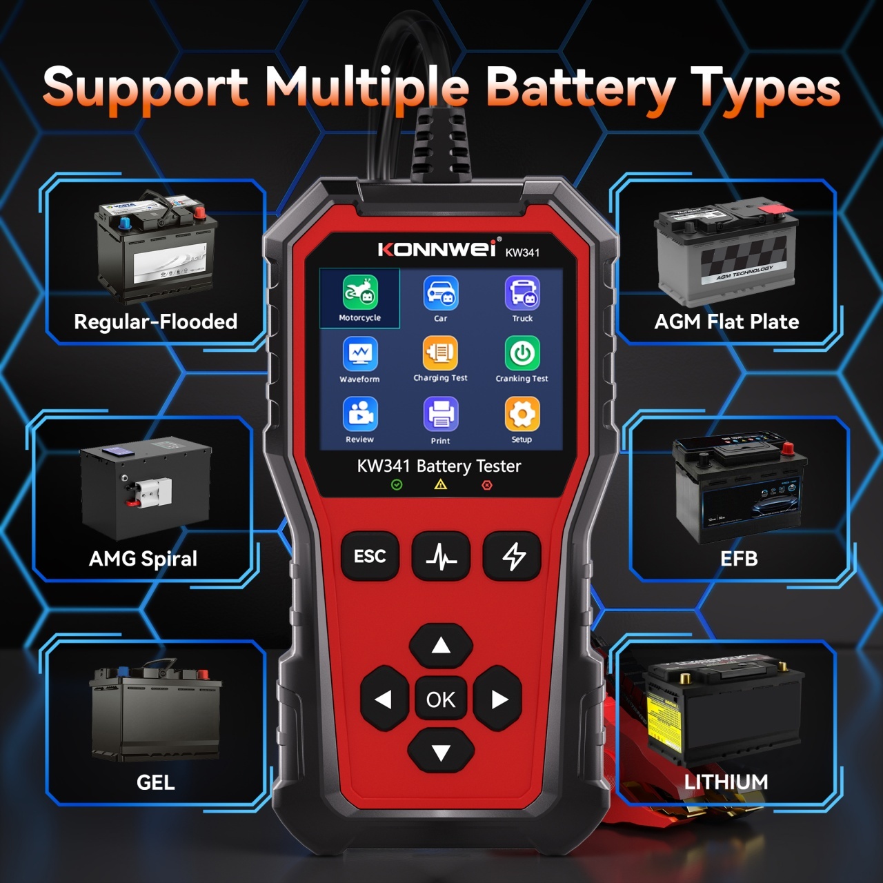 Tester baterie auto KONNWEI KW341 6V 12V 24V, CCA 10–2000, SOH SOC, test alternator si pornire, AGM EFB GEL Litiu, waveform, raport QR - imagine 4